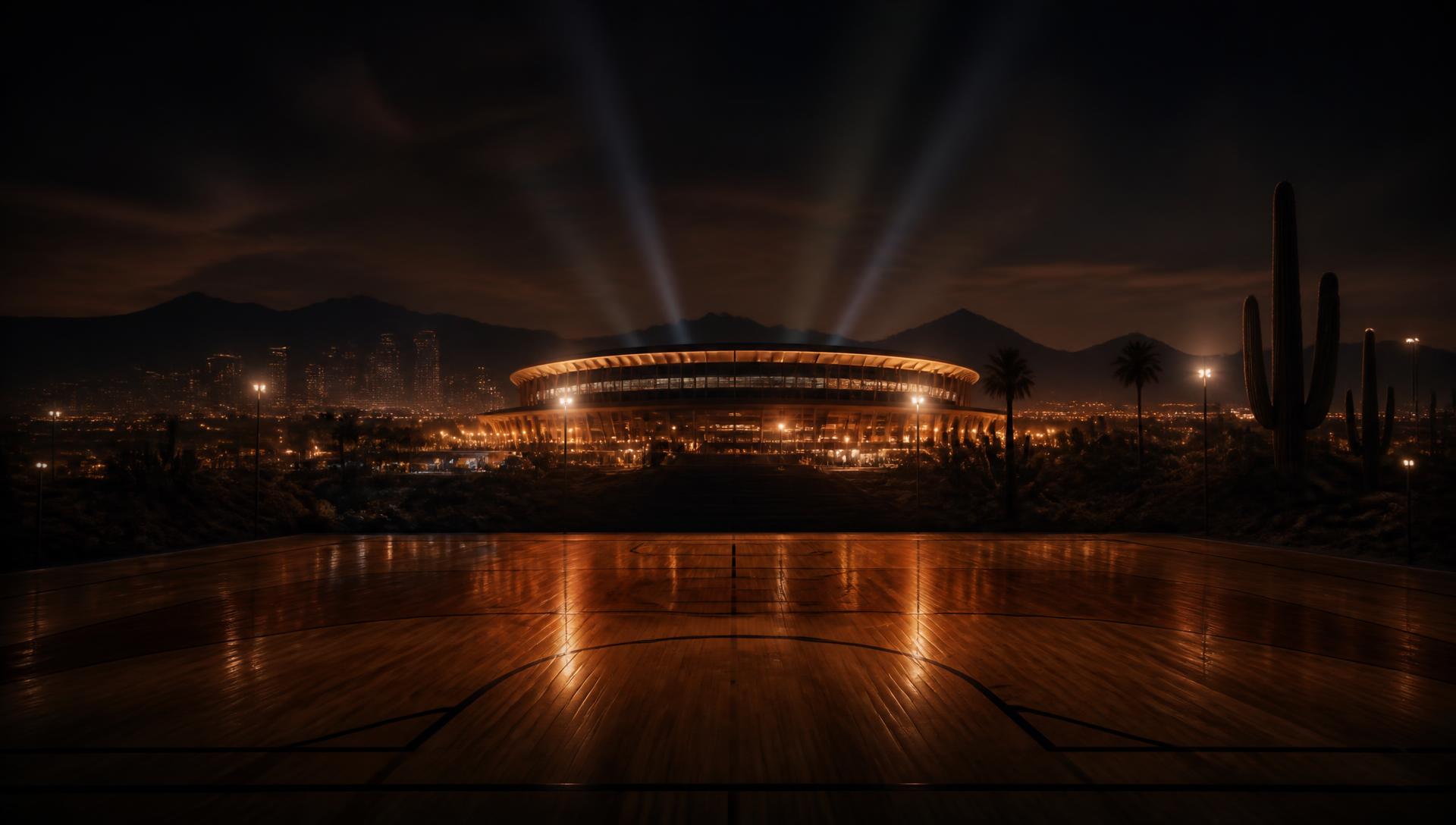 A hardwood basketball court fading toward a distant illuminated arena at night.