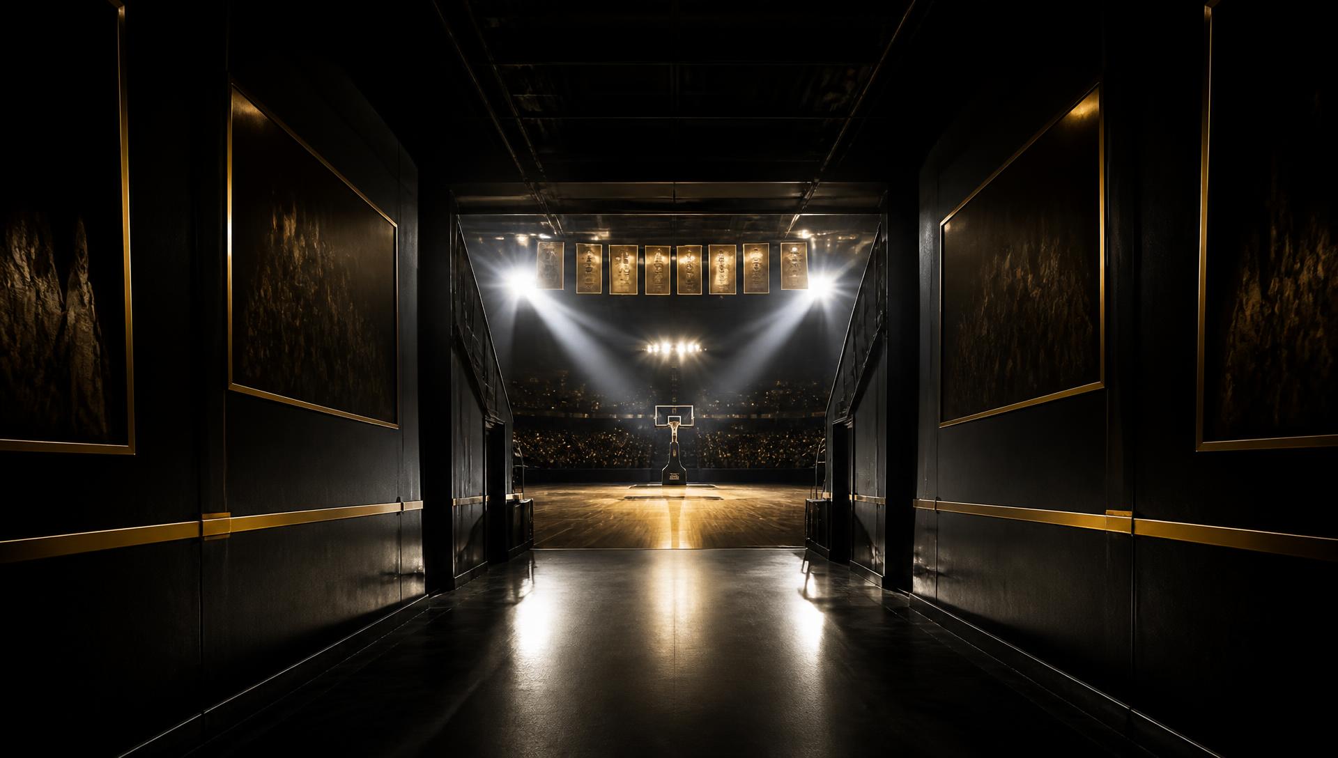 An arena tunnel leading toward an illuminated championship basketball court.